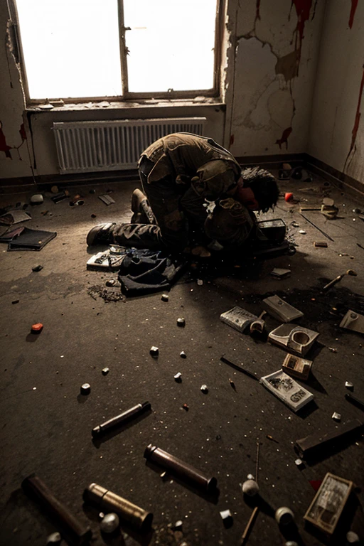 Abandoned and destroyed room, full of bullet shells and blood on the floor, a hurted man crying on the corner