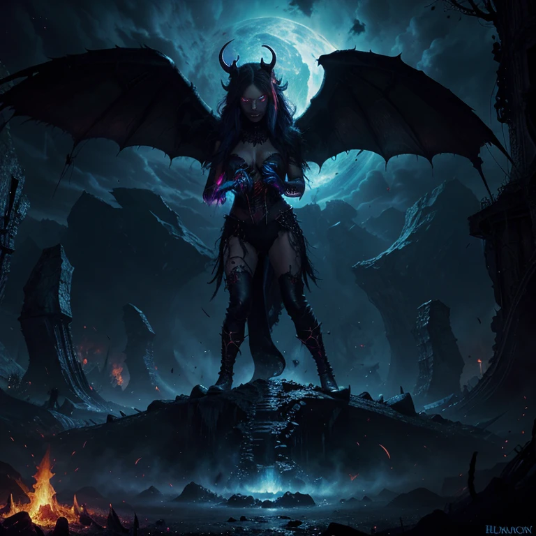 Devil woman with horns and red eyes standing in cemetery, succubus, beautiful succubus, naked, visible breasts, visible nipple, big hips, visible vaginal, visible pussy, dark black vaginal color, dark black pussy color, visible pubic hair, visible vaginal hair, big ass, big thighs, big calves, Hermosa y elegante reina demonio, Demonio, succubus | medieval, Reina de la Oscuridad, Reina del infierno, Reina del inframundo, Diablo 4 Lilith, funeral background, funeral fantasy art
