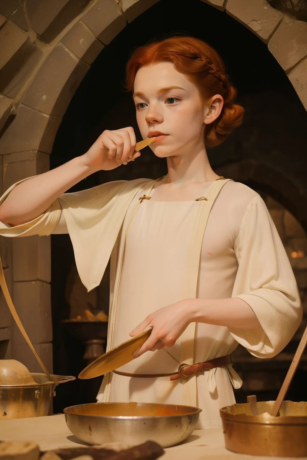 1135, England. otherworldly scene in a cave, ((((11-year-old)) Cameron Monaghan)), removing soup in a cauldron, ((((poor plain tunic from the 12th century)))), ((Hairstyle of the 12th century)), ((Wes Anderson cinematic style)), colorful