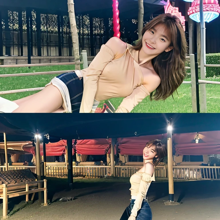 ighly detailed、delicate、Brown hair, , well-muscled,Cold shoulder top、JINS、An amusement park、 Curvaceous,slender,A slight smil、 stylish, Full body