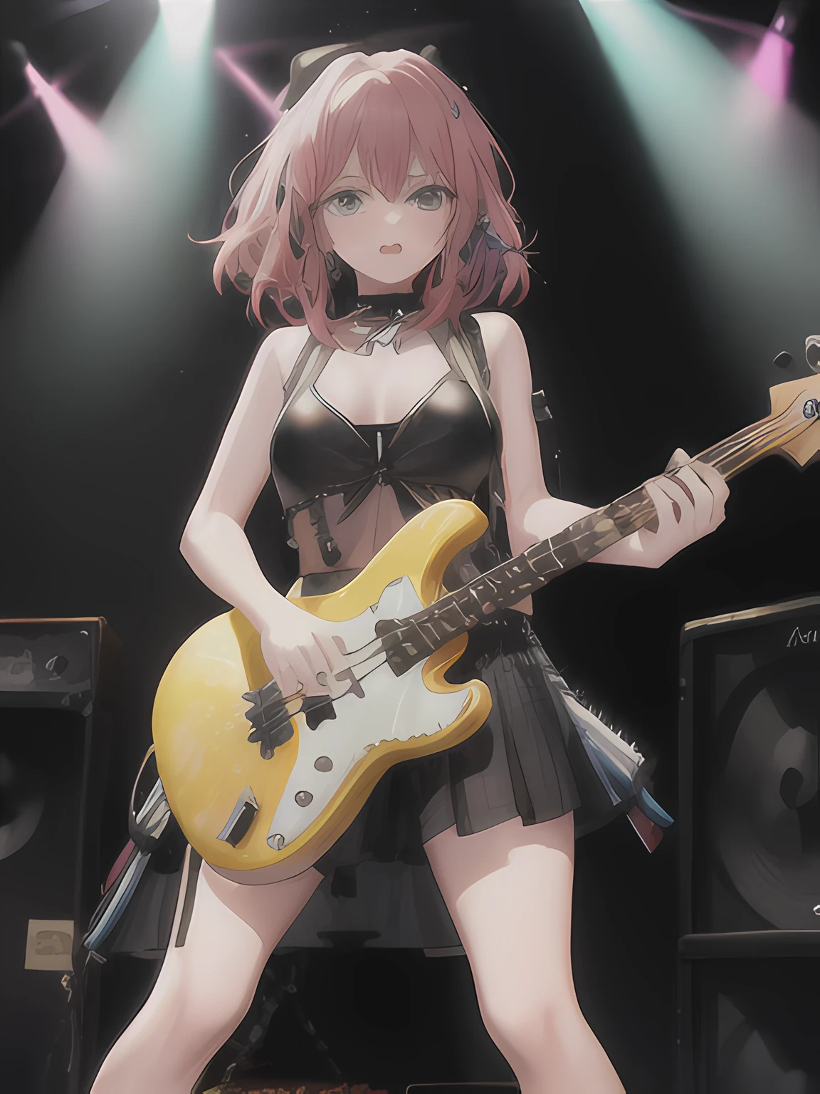 Masterpiece,splendid, 1Girl,naked, playing guitar, electric guitar, , Tracked lighting,