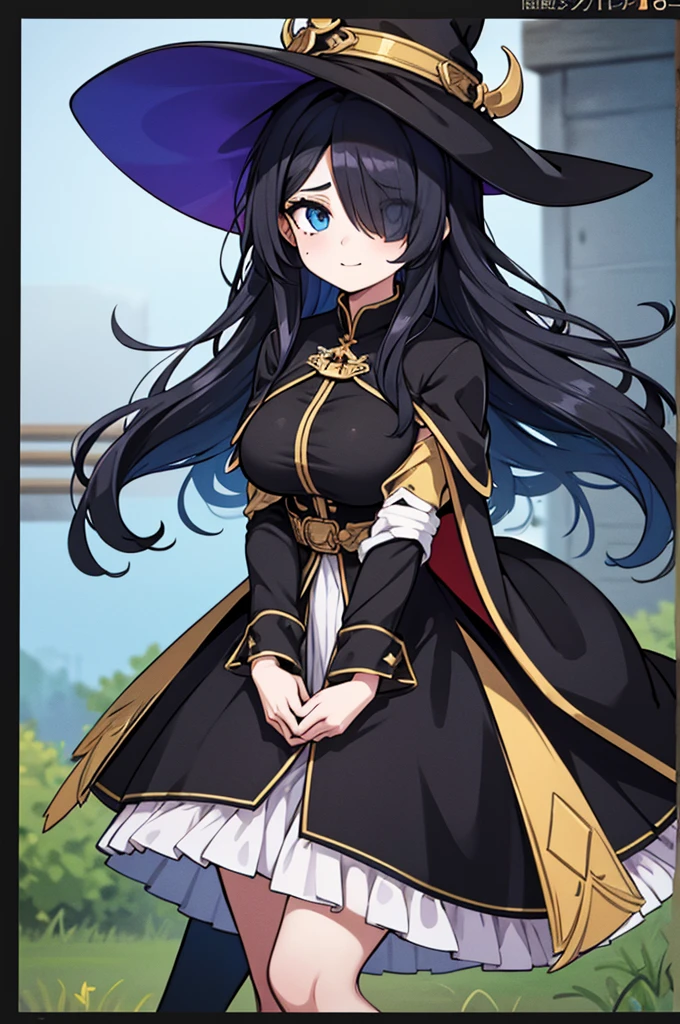 tall girl, large breasts,long hair, shiny hair, blue eyes,witch ,high detailed,dynamic pose, black hair, hair over one eye,mole under eyes,