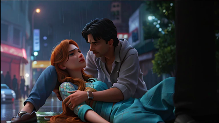 araffes a man and a woman lying on the ground together, the girl wearing saree, The girl unconscious, the boy looking afraid of her, background at the night in the streat in the rain , rainy weather, crowd of baked cars still shot from movie, still from a terence malik film, still from movie, still from the movie, shot from movie, movie screen shot, scene from a movie, film still from the movie, movie screenshot, still from a movie, screenshot from a movie, film movie still, the most beautiful scene, highly detailed, best quality, 4k, masterpiece of the attached picture