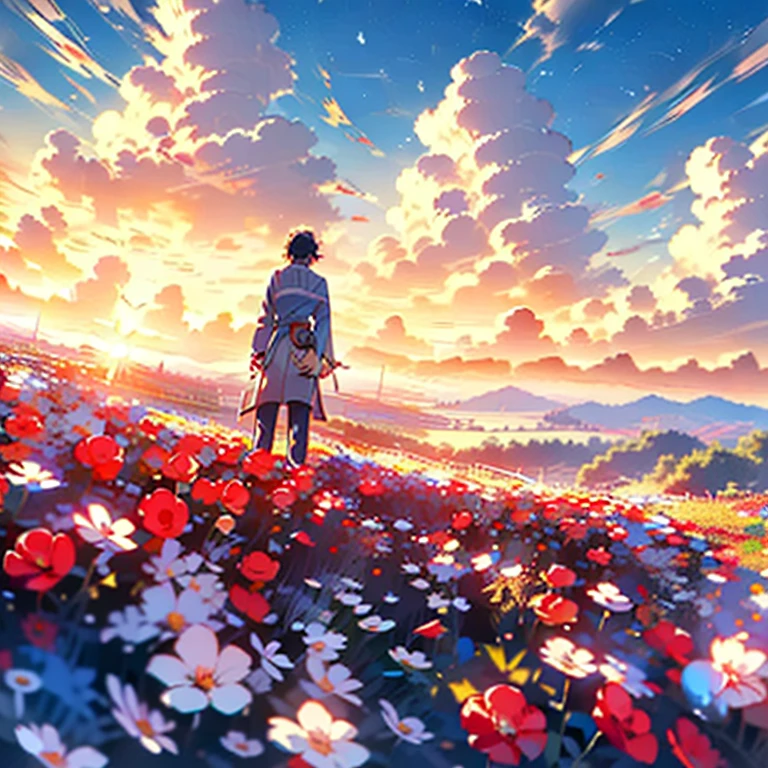 masterpiece, Pov from behind man, man looking at a flower field, sunset