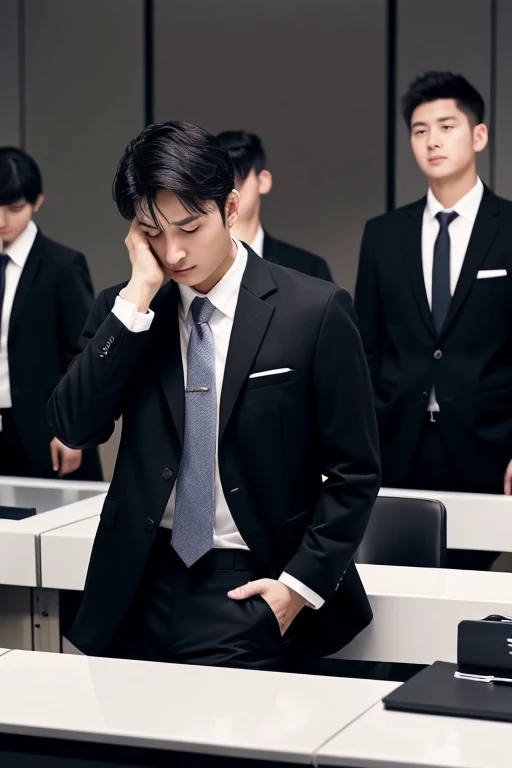 working adults、２８age、male people、Suit Lebodies Bian、worry、Background with(Inside the company、desk work、illuminating(A little dark))、Black Suit、White Y-shirt、Hold your head。Black leather shoes、tie stubble、short-haired、A little bit of lighting、Troubled face