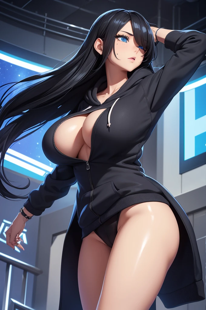 tall girl, big breasts,long hair,  shiny hair, blue eyes,hoodie,high detailed,dynamic pose, black hair, hair over one eye,mole under eyes,