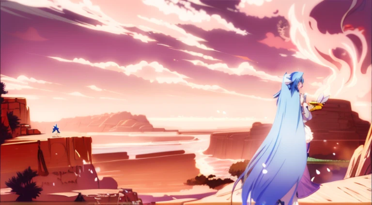 Anime scene of a woman in a blue dress standing on a rocky cliff, reincarnated as a slime, rimuru storm side photo, Screenshots from the 2012 animation, no game no life, Kuro anime screenshots, Rimuru Storm, Reincarnation Stara Slime Dattaken, 2 0 1 9 animation screenshots