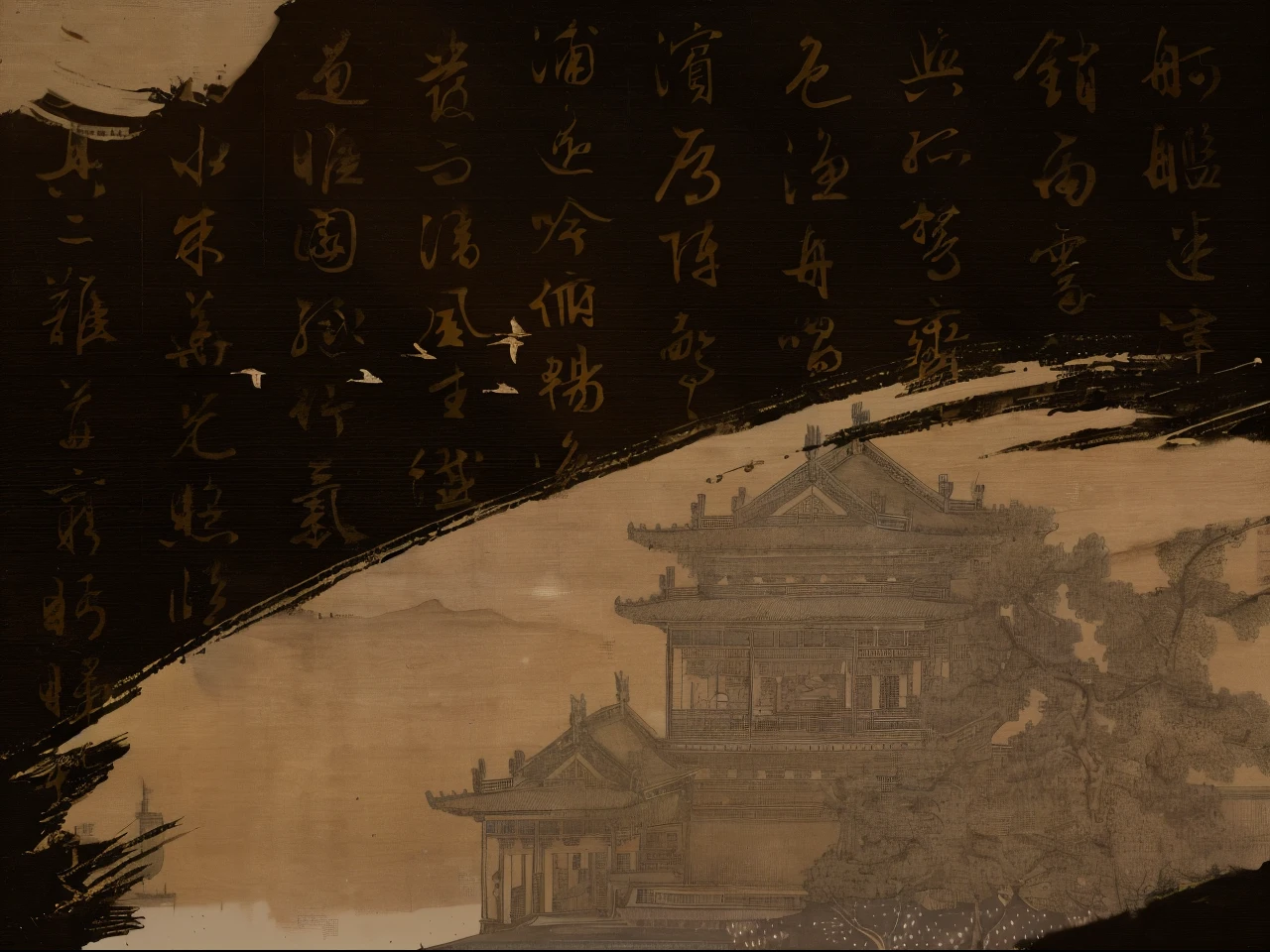 a building in husband&#39;s painting，A bird flew over it, In line with ancient Chinese aesthetics, inspired by Tang Yin, Inspired by Song Huizong, inspired by somi, Chinese calligraphy painting, Intricate ink painting details, surname, Inspired by Ito Jakuchi, Inspired by Du Qian