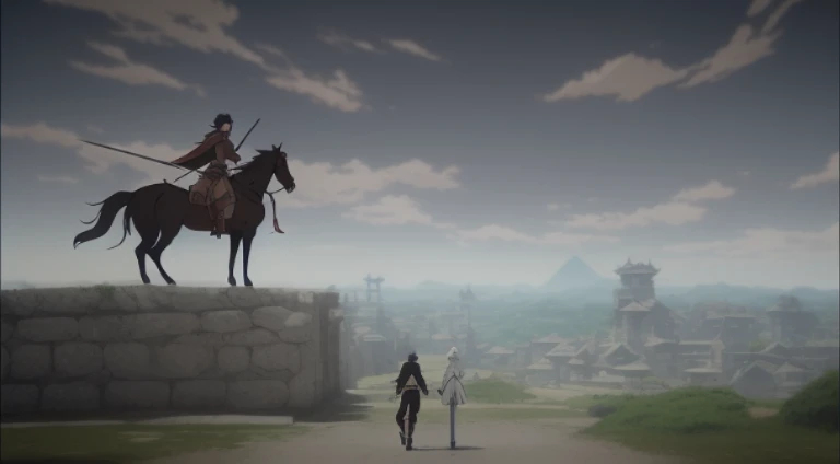 Animation scene of a man riding a sword and a woman riding a sword, Screenshots from the 2012 animation, Today’s recommended anime still, 2 0 1 9 animation screenshots, Kuro anime screenshots, Screenshot of the animated movie, anime scene, Still from TV animation, Still from anime, ruins in the background, anime movie screenshot