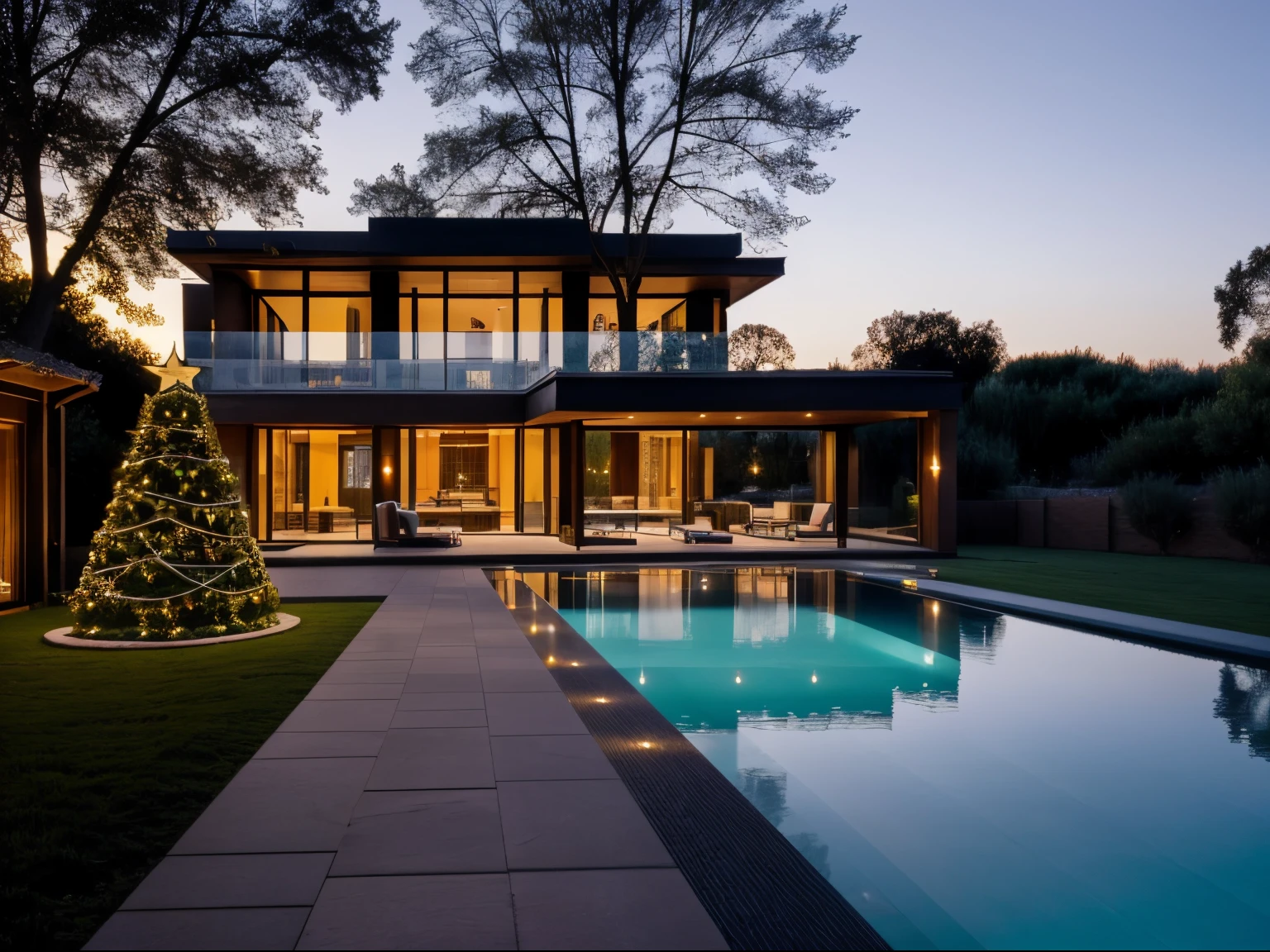 a villa morden, glass window, stone,woodandbrick,POOL, garden, Christmas, (Christmas tree),sunset