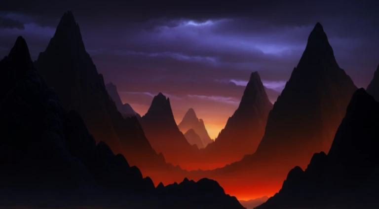 Under a cloudy sky,The mountains in the distance glow red, alien mountains, dark mountains, Matte Painting Arcane Dota Pixar, valley background, dramatic scenery, mountain range in background, dramatic mountains in the background, Dotret! matte painting concept art, destroyed mountains, mountain scene, Dark volcano background, tall mountains in the horizon, epic landscapes, Dramatic mountains in the background