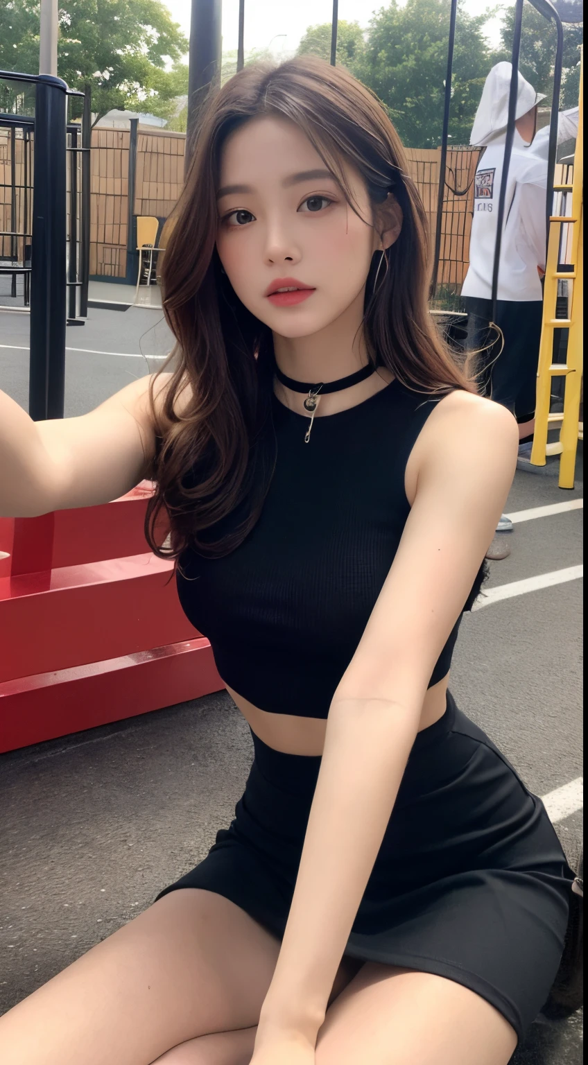 (best qualtiy,hight resolution,tmasterpiece:1.3),a tall and beautiful woman,Slender Abs,Dark brown hair with loose wavy styling,Wearing a choker,Red buttoned shirt,Strip strip,a black skirt,playground,Beautifully rendered details with face and skin texture,Detailed eyes,二重まぶた,Selfie angle。