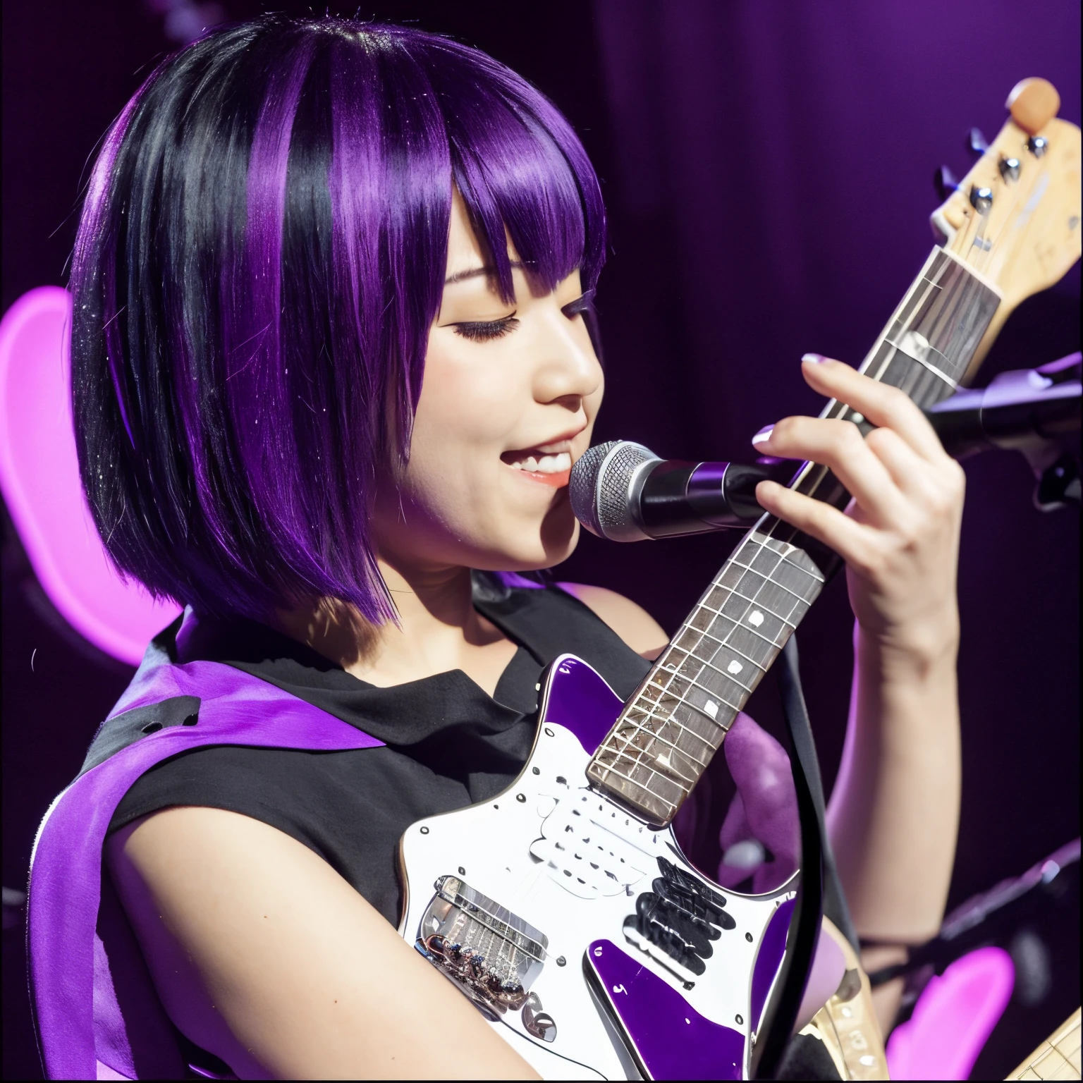 sunet, 1 short hair girl, black hair with inner purple colour. playing a purple guitar.