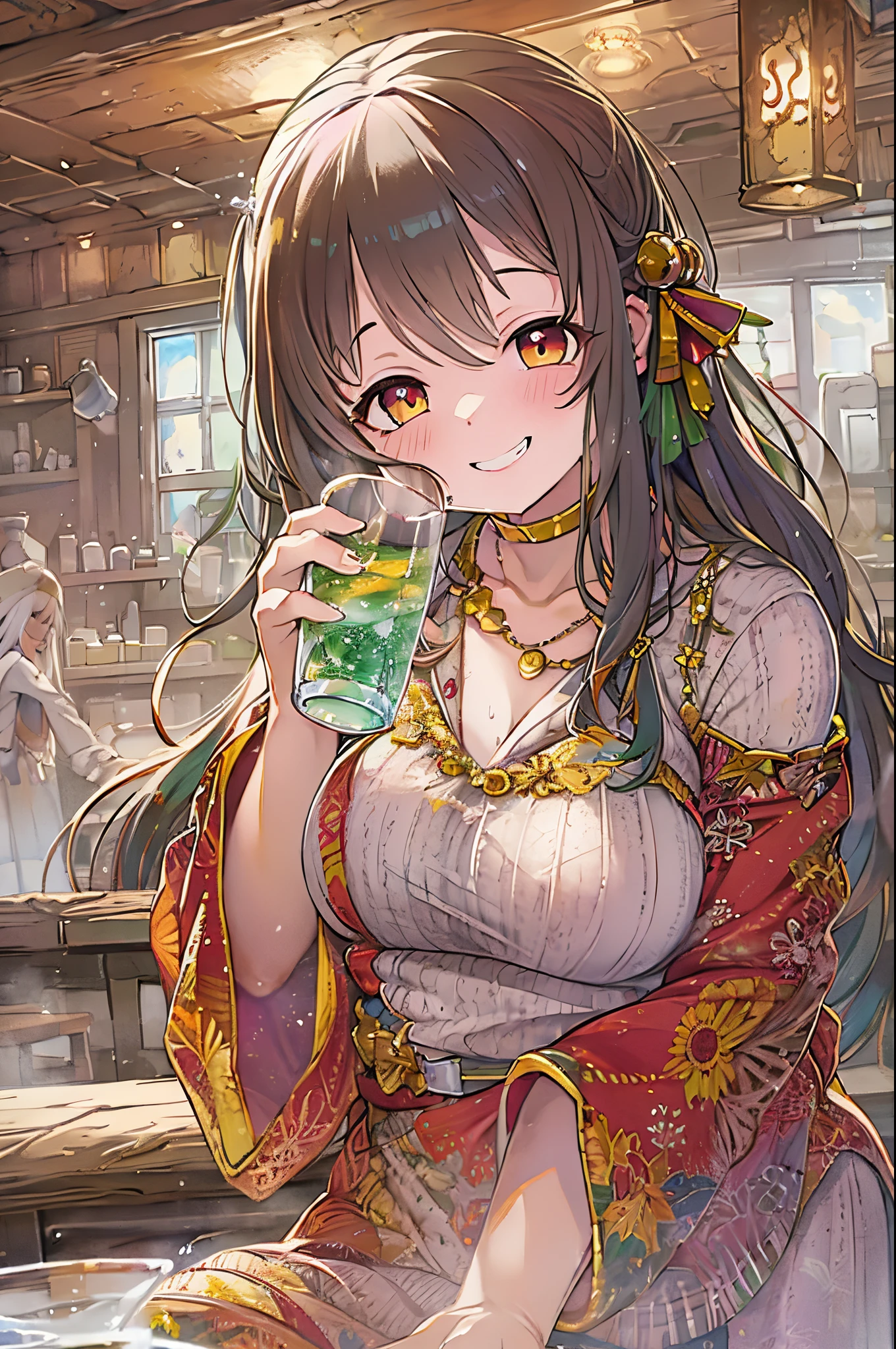 masutepiece, Best Quality, 1人、huge-breasted、bbw、Holding (A glass of clear water)、huge smile、In the tavern、red blush、sake、drinking water