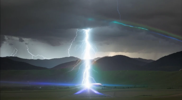 Close-up of light beams in field with mountains in background, Cross-dimensional lightning, Volumetric lightning, lightning arc plasma, Explosive Lightning Spell, sky falling, volumetric lightening, upper volume lightning, a little lightning, spirits coming out of portal, Cinematic lightning and color, Detailed lights and thunder, dramatic volumetric lightning