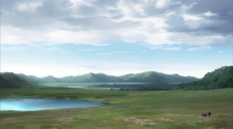 Painting of lake in field with mountains as background, Anime countryside landscape, Anime landscapes, Anime landscapes, attack on titan scenery, Anime beautiful peaceful scene, beautiful anime scenery, Screenshots from the 2012 animation, atmospheric anime, beautiful anime scenes, anime movie backgrounds, epic landscapes, anime atmospheric