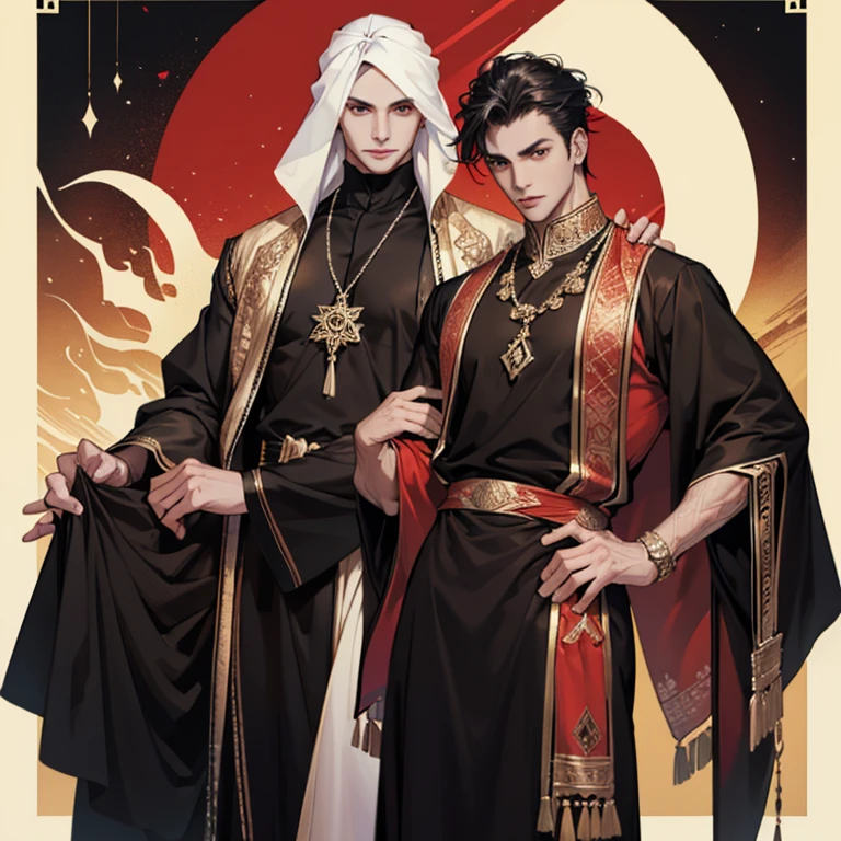 male people,Arabic clothing,The main color of clothes is black,The secondary color of the clothes is red,The king,Arabian,Hot sand,Shahryar,One Thousand and One Nights
