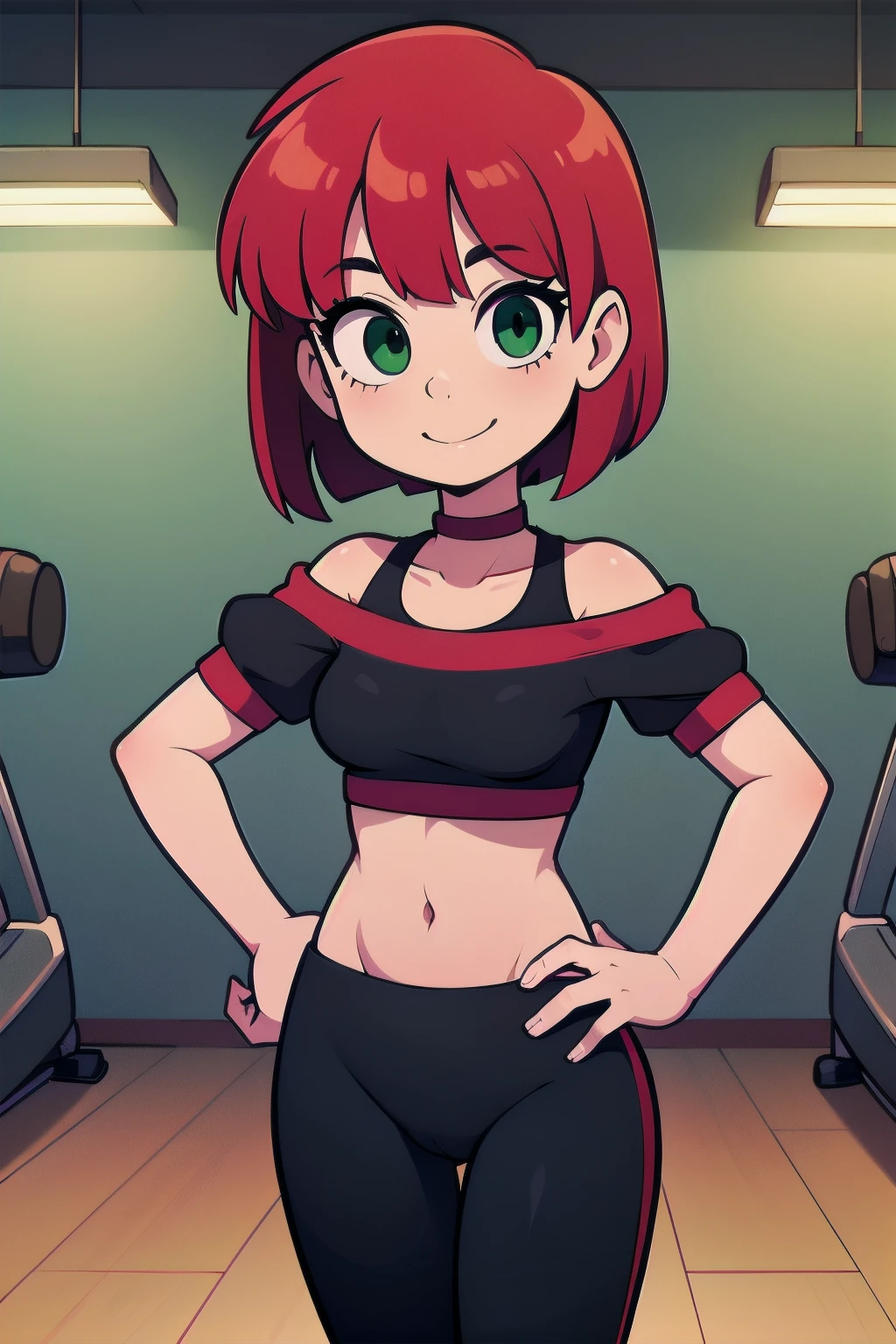 High quality, Masterpiece, 1 girl, solo, red hair, short hair, bob cut, green eyes, black chocker, red ruffle Off-the-shoulder Top, belly button, blue yoga pants, standing, smile, looking at viewer, hands on hips, indoors, gym background.