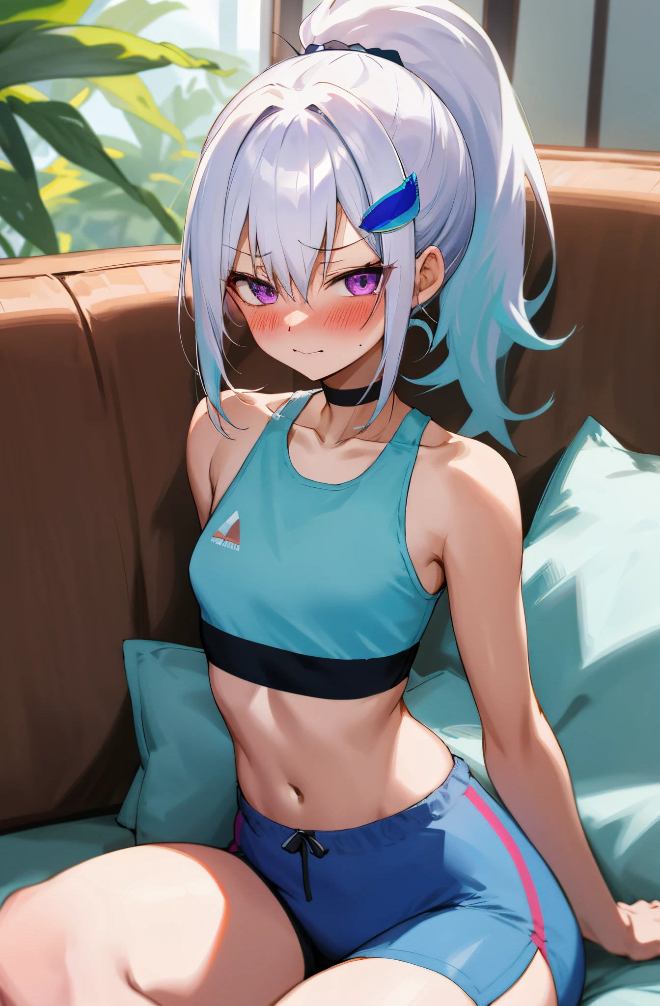 One girl with high ponytail hair, white hair, blue inner hair, purple eyes, looking at viewer, sleepy, blushing, bare shoulders, embarrassed, little smile, wake up from sleep, tanktop crop, sleeveless, sport shorts, thigh, slim, dizzy, choker, mid-chest, wide hips, perfect waist, morning atmosphere, hair ornament, sitting, in sofa, breasts