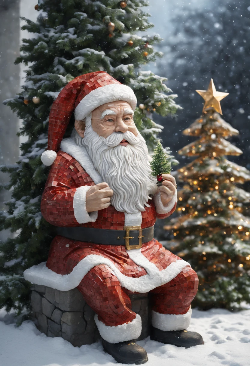 external garden, Mosaic Santa Sculpture, Take the gift，flagstone road, the night, hyper realisitc, mirai, hyper realisitc, winter landscape，[Gentle snowfall]，[Christmas tree]，artistic décor, concept-art, Three-dimensional future, lightand shade contrast, Ray trachinosaic art), Best quality at best, A high resolution, Award-Awarded, tmasterpiece, 4K