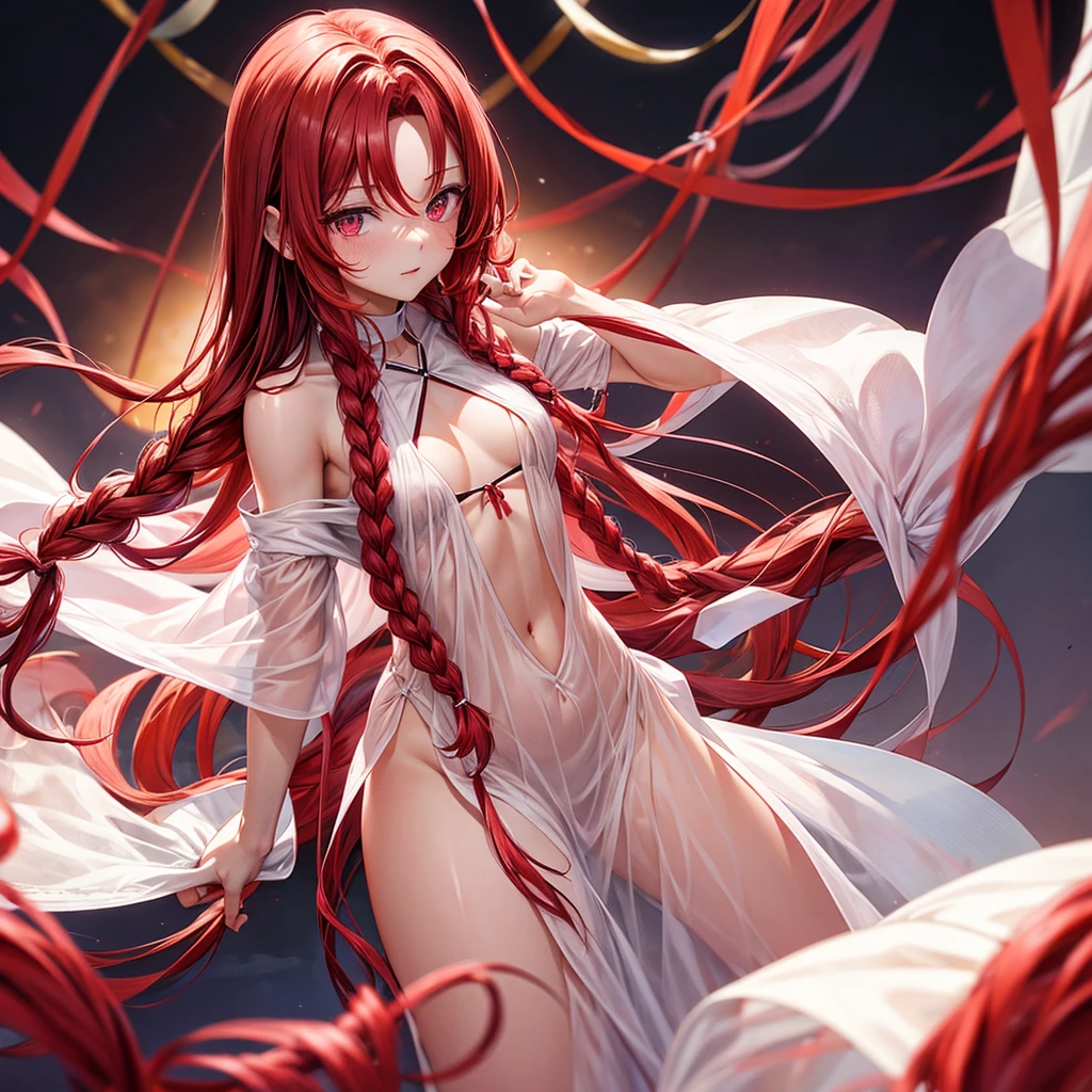 red braids, long red hair, pink eyes, medium breast, white clothes, girl, adult, half-naked, small piece of transparent silk on the chest