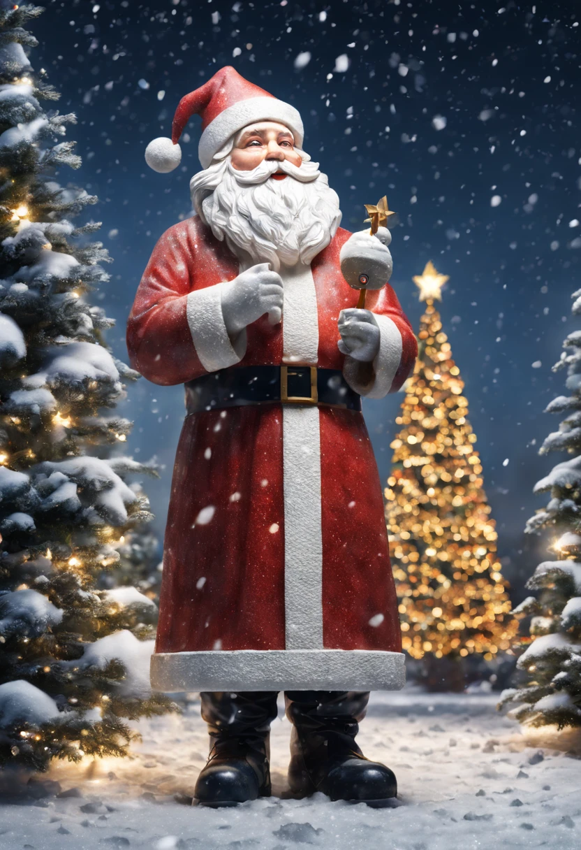 external garden, Mosaic Santa Sculpture, Take the gift，flagstone road, the night, hyper realisitc, mirai, hyper realisitc, winter landscape，[Gentle snowfall]，[Christmas tree]，artistic décor, concept-art, Three-dimensional future, lightand shade contrast, Ray trachinosaic art), Best quality at best, A high resolution, Award-Awarded, tmasterpiece, 4K