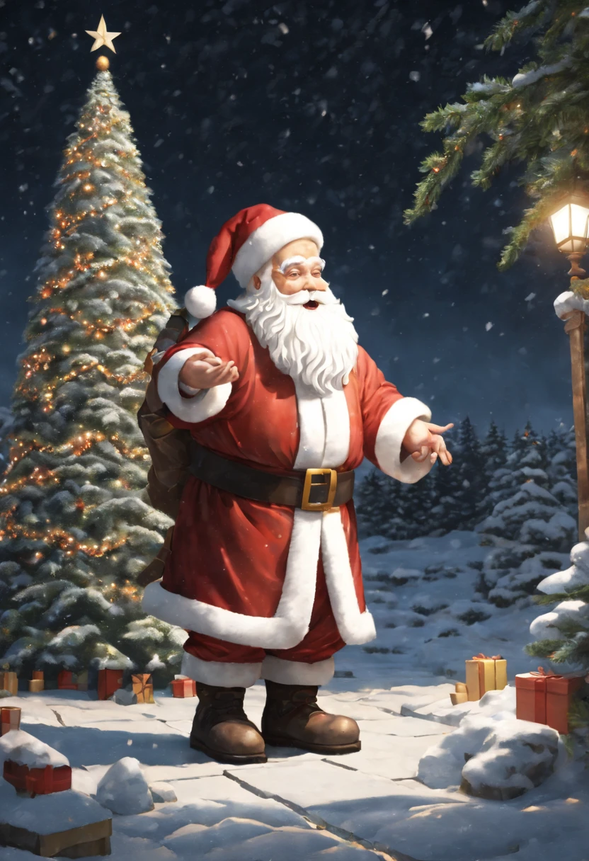 external garden, Mosaic Santa Sculpture, Take the gift，flagstone road, the night, hyper realisitc, mirai, hyper realisitc, winter landscape，[Gentle snowfall]，[Christmas tree]，artistic décor, concept-art, Three-dimensional future, lightand shade contrast, Ray trachinosaic art), Best quality at best, A high resolution, Award-Awarded, tmasterpiece, 4K
