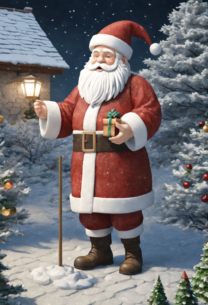 external garden, Mosaic Santa Sculpture, Take the gift，flagstone road, the night, hyper realisitc, mirai, hyper realisitc, winter landscape，[Gentle snowfall]，[Christmas tree]，artistic décor, concept-art, Three-dimensional future, lightand shade contrast, Ray trachinosaic art), Best quality at best, A high resolution, Award-Awarded, tmasterpiece, 4K