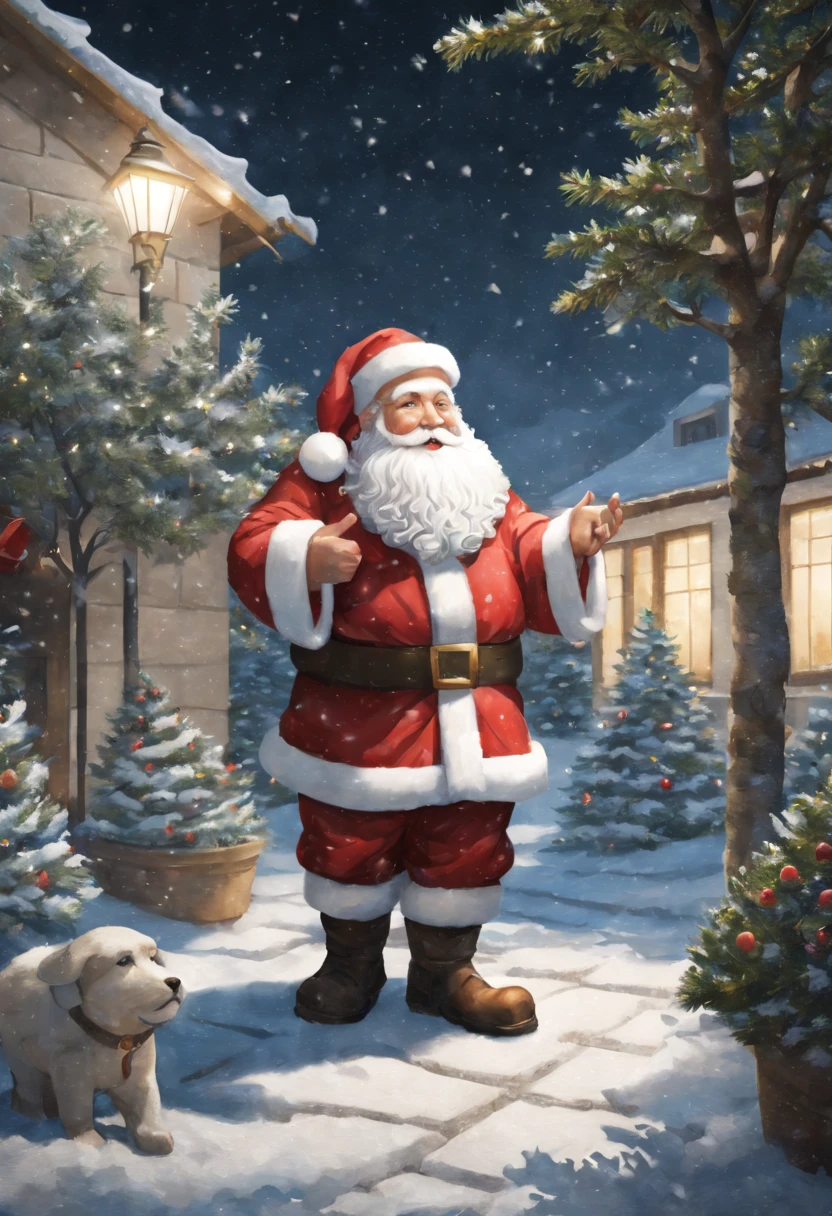 external garden, Mosaic Santa Sculpture, Take the gift，flagstone road, the night, hyper realisitc, mirai, hyper realisitc, winter landscape，[Gentle snowfall]，[Christmas tree]，artistic décor, concept-art, Three-dimensional future, lightand shade contrast, Ray trachinosaic art), Best quality at best, A high resolution, Award-Awarded, tmasterpiece, 4K