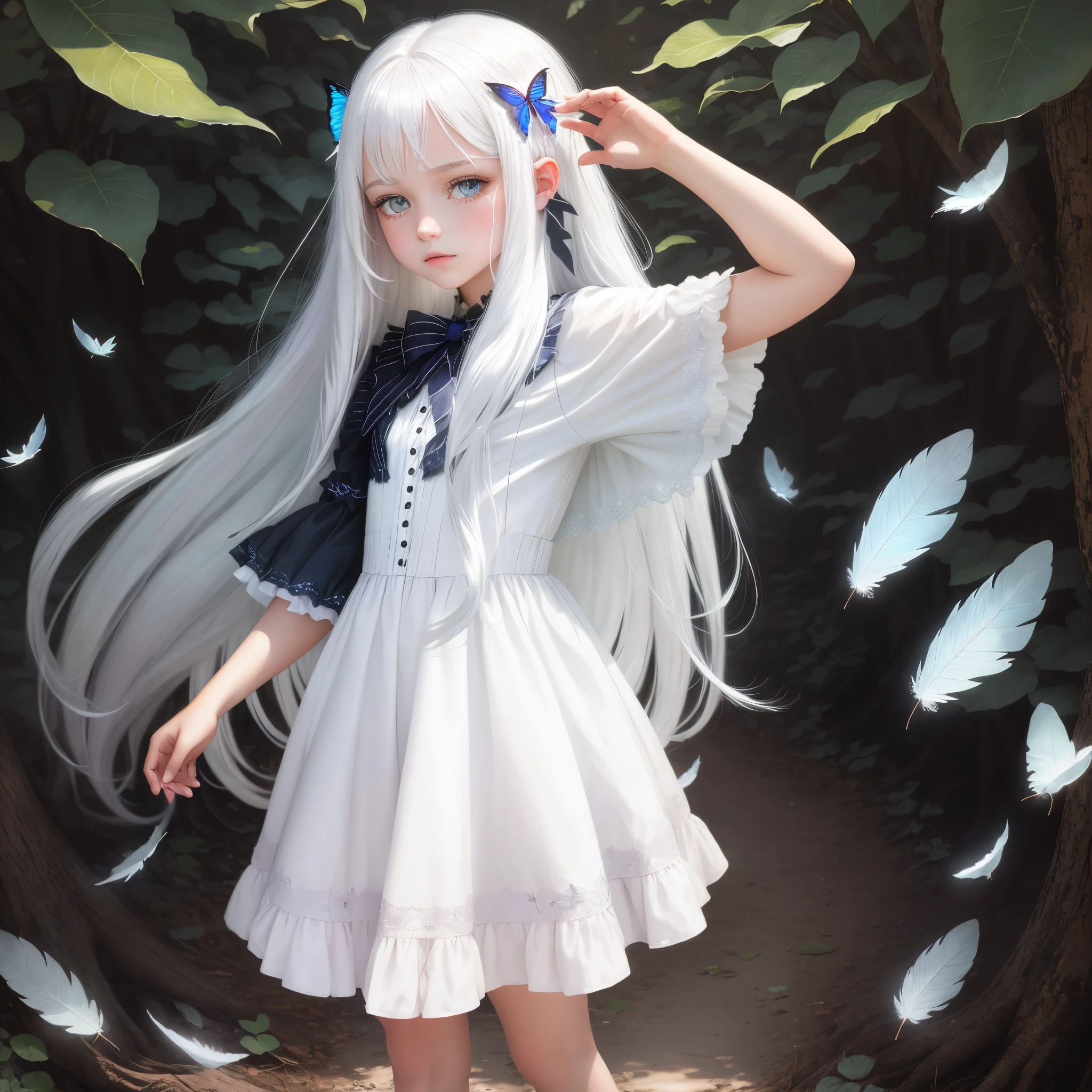 butterflys々Feathers of　teens girl　Fantasia　portraitures　long shiny white hair　Change the pose of the girl in the photo above