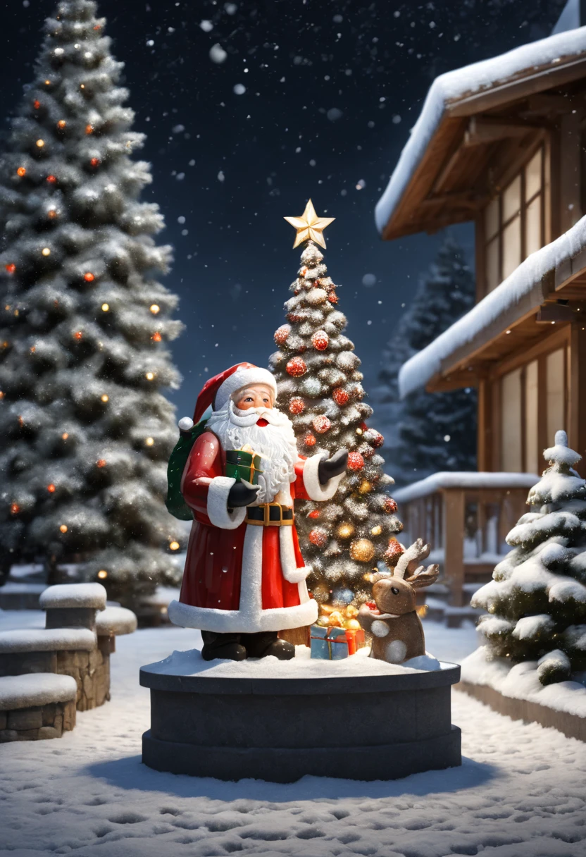external garden, Mosaic Santa Sculpture, Take the gift，flagstone road, the night, hyper realisitc, mirai, hyper realisitc, winter landscape，[Gentle snowfall]，[Christmas tree]，artistic décor, concept-art, Three-dimensional future, lightand shade contrast, Ray trachinosaic art), Best quality at best, A high resolution, Award-Awarded, tmasterpiece, 4K