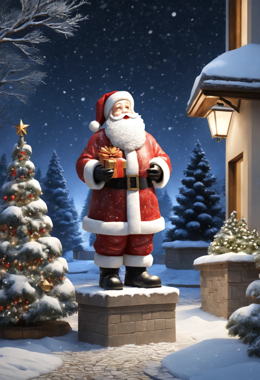 external garden, Mosaic Santa Sculpture, Take the gift，flagstone road, the night, hyper realisitc, mirai, hyper realisitc, winter landscape，[Gentle snowfall]，[Christmas tree]，artistic décor, concept-art, Three-dimensional future, lightand shade contrast, Ray trachinosaic art), Best quality at best, A high resolution, Award-Awarded, tmasterpiece, 4K
