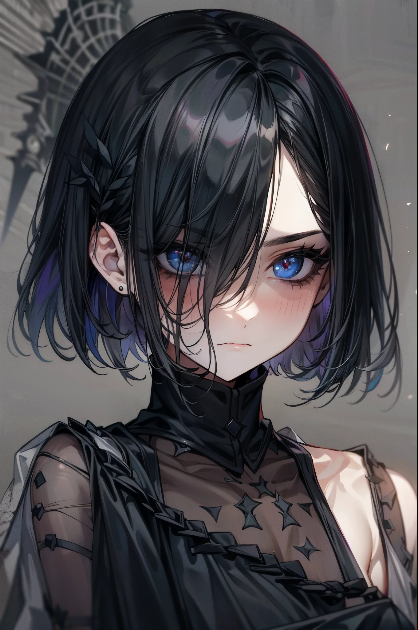 1 girl, dark gothic dress, black transparent veil, (sick face), (solid eyes), (blank stare), (dark eyeshadow), black short bob hair.