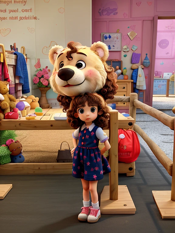 brunette child, with curly hair and little pussy, leaning on the fence, with a teddy bear in the background