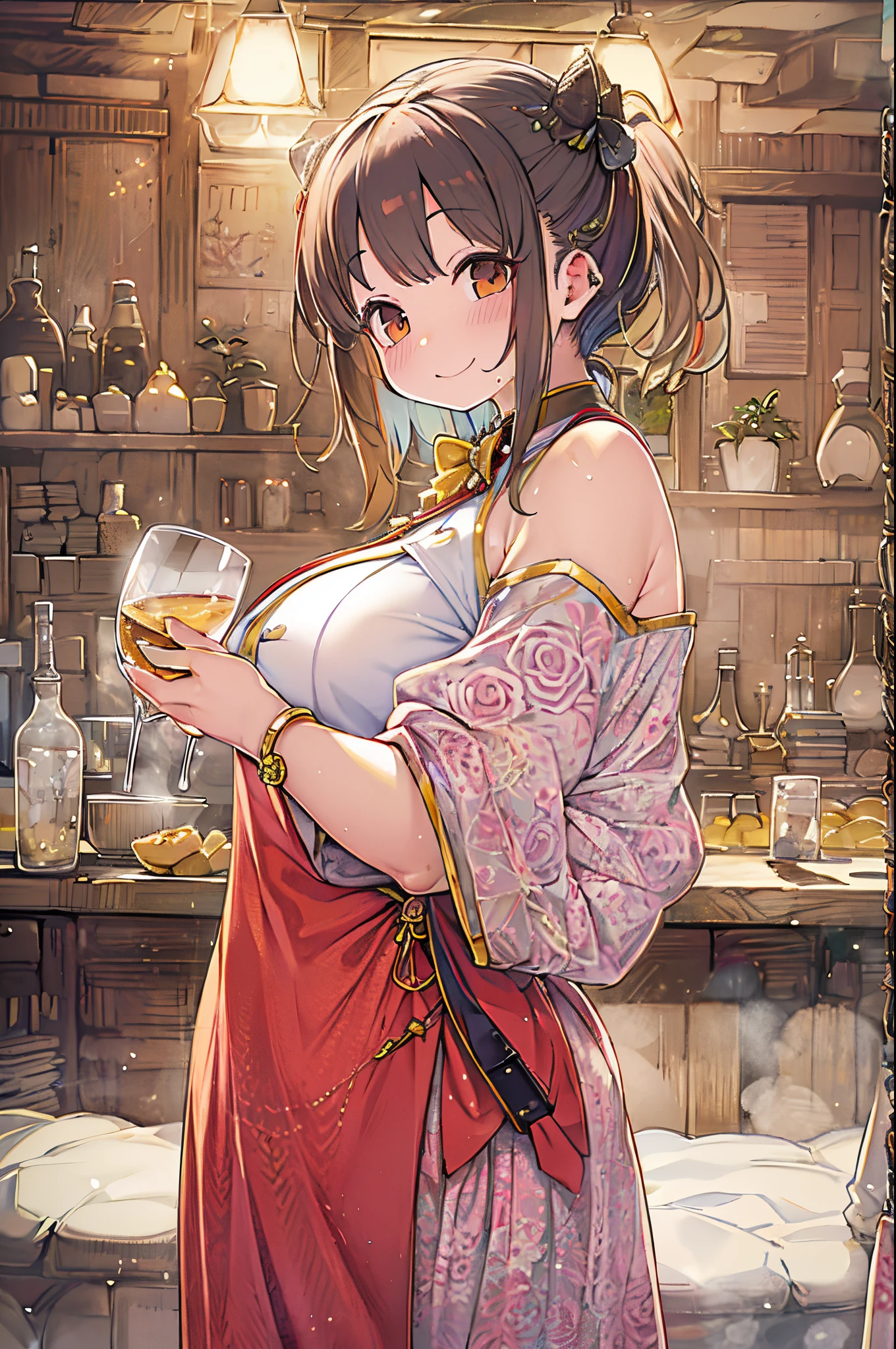 masutepiece, Best Quality, ***1人、huge-breasted、bbw、Holding (A glass of clear water)、huge smile、In the tavern、red blush、sake、drinking water