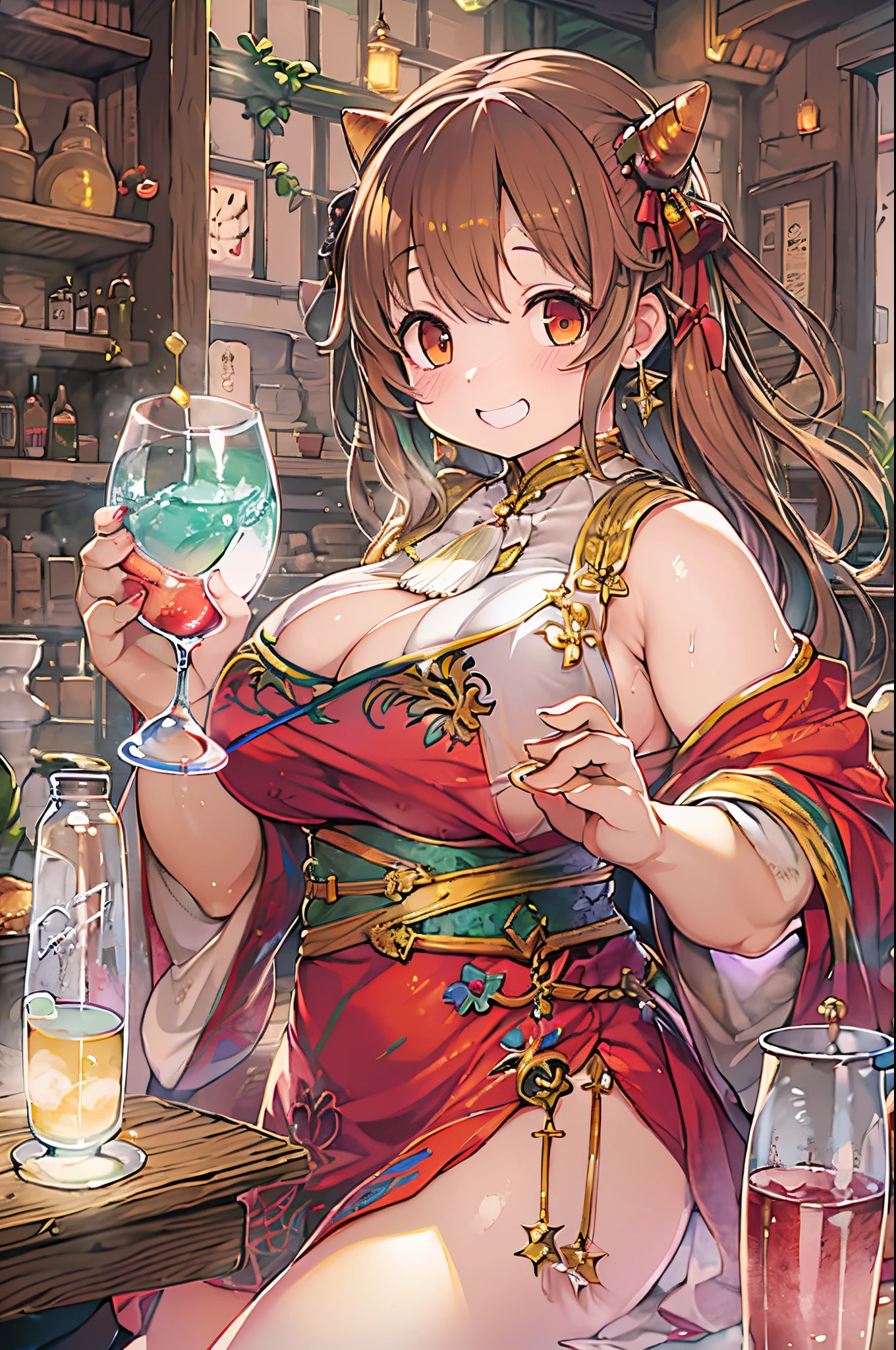 masutepiece, Best Quality, 1人、huge-breasted、bbw、Holding (A glass of clear water)、huge smile、In the tavern、red blush、sake、drinking water