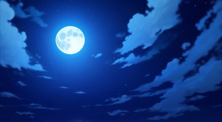 A bright full moon in the sky, anime backgrounds, Blue moonlight, Blue moonlight, Starry sky environment in moonlight, blueish moonlight, soft blue moonlight, blue moon ray tracing, blue moon, moonlit background, The moon in the sky, rays of moonlight, Bright moonlight, Anime Sky, night time moonlight, anime movie backgrounds, Moon Night