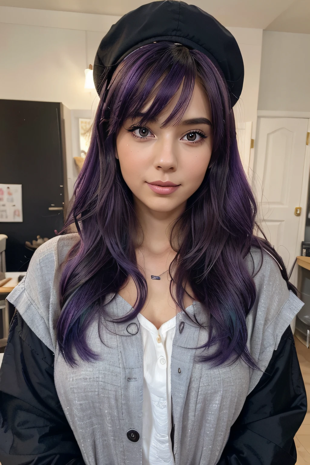 A girl with purple hair exuding a unique charm would have her hair in a vibrant shade that catches the eye at a glance. Imagine her hair in various purple hues, possibly blending from a deep eggplant at the roots to a softer lavender at the tips. Her hair could be styled in gentle waves or curls that bounce with her every movement, or it could be straight and sleek, giving her a more refined appearance.
Her cuteness comes from her gentle features—big, expressive eyes that sparkle with joy and curiosity, perhaps adorned with a hint of shimmering eyeshadow to complement her playful hair. A small, perky nose and a soft, friendly smile that invites conversation and connection. Her cheeks might have a natural blush, giving her a lively and youthful appearance.
Beauty, however, is imbued not only in her appearance but in her aura. She radiates confidence and warmth, moving gracefully and with purpose. Her clothing style could add to her beautiful image, perhaps with pastel colors that harmonize with her hair, or maybe a contrast of dark colors that make her hair stand out even more. Accessories like hair clips, a headband, or a charming hat could add to her cute aesthetics.
Her personality would surely match her appearance—open, welcoming, and perhaps with a touch of whimsy. She's the girl who lights up the room, drawing others in with her magnetic presence and leaving a sprinkle of color wherever she goes.