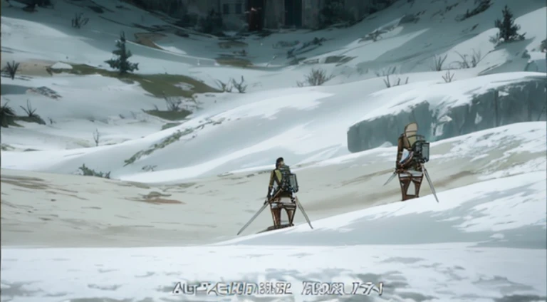 Anime scene of a man and a woman walking in the snow, attack on titan scenery, (attack on titan animation), Screenshots from the 2012 animation, from attack on titan, anime opening, attacking titans, Screenshot of the animated movie, Opening scene, Anime screenshots, anime scene, Still from TV animation, Snow resort
