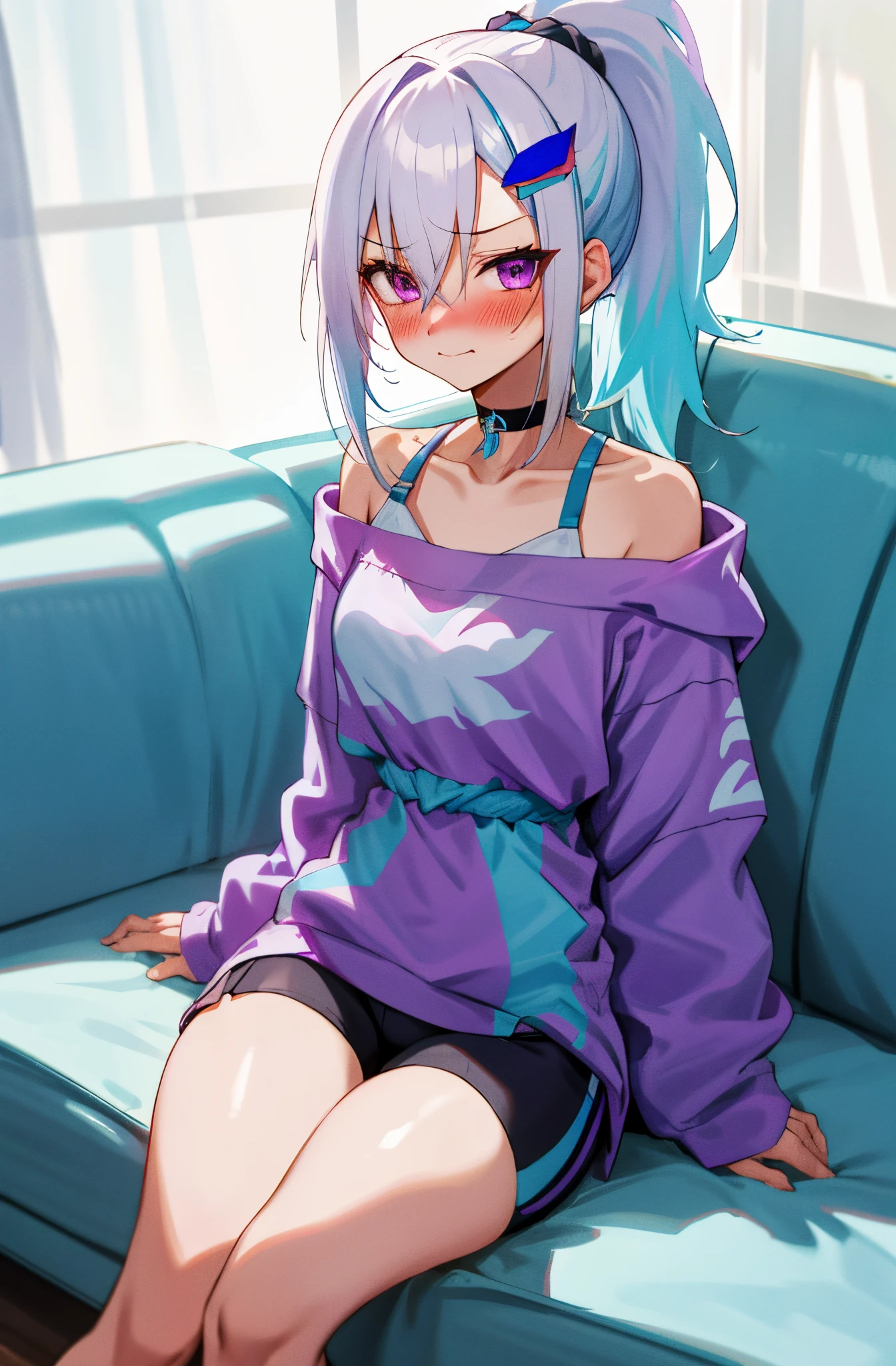 One girl with high ponytail hair, white hair, blue inner hair, purple eyes, looking at viewer, sleepy, blushing, bare shoulders, embarrassed, little smile, wake up from sleep, hoodie, sport shorts, thigh, slim, dizzy, choker, mid-chest, wide hips, perfect waist, morning atmosphere, hair ornament, sitting, in sofa, breasts