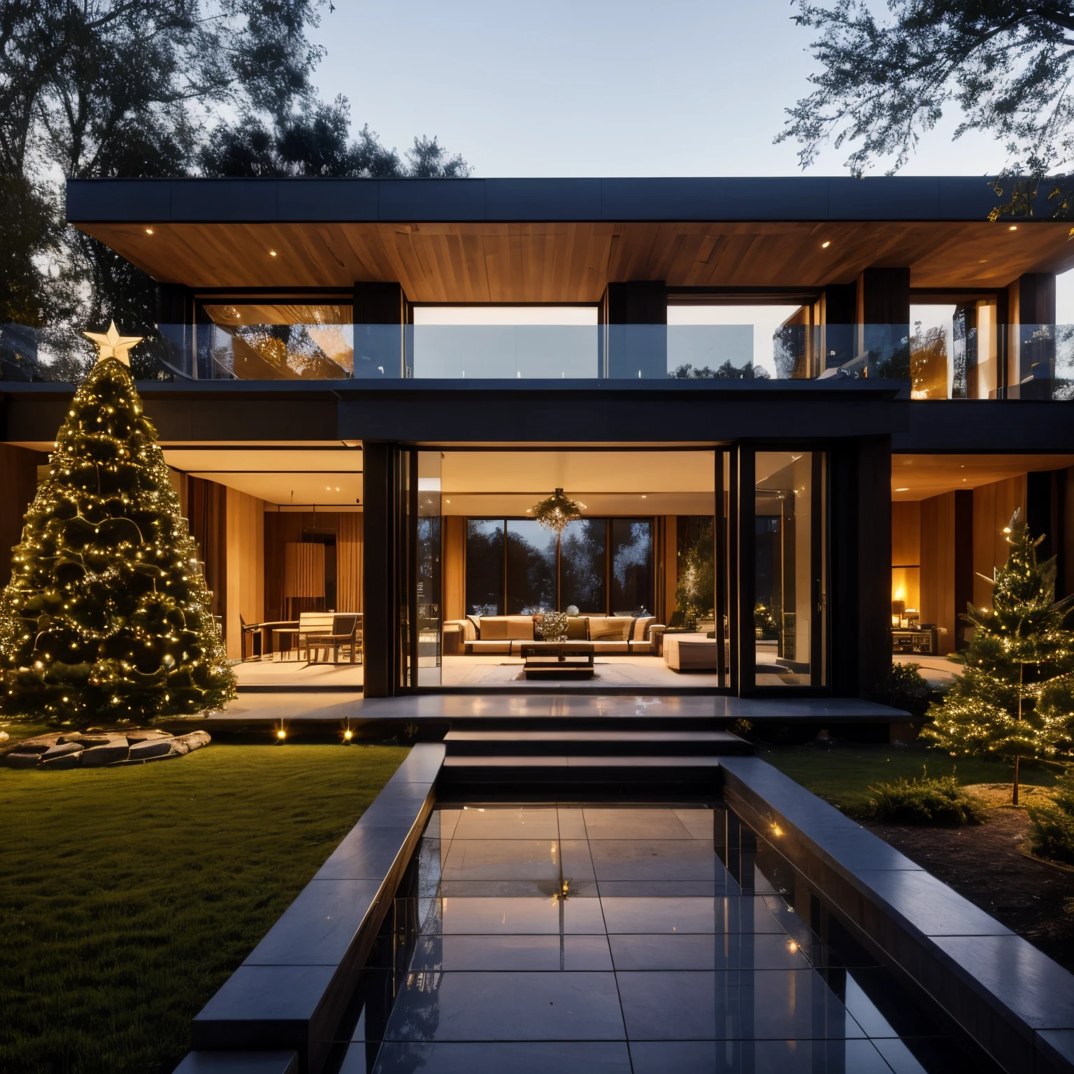 a villa morden, glass window, stone,woodandbrick, garden, Christmas, Christmas tree,sunset