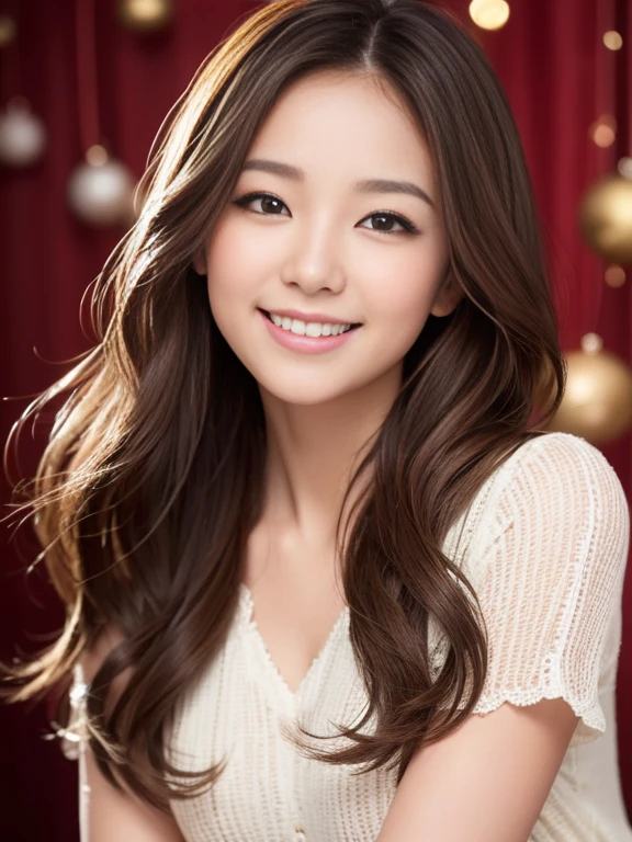 cute and gentle smile, A smile loved by everyone, Hair blown in the wind, Best Quality,Above the knee , Christmas Backgrounds , masutepiece, hight resolution, (Detailed:1.4), 1 girl, (Natural Eyeliner), light brown hair, Natural-looking makeup, eyeshadows, very thin eyebrows, Wavy Hair