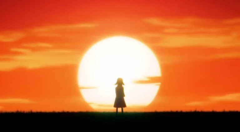 Anime scene of a woman standing in front of the sun, Watching the sun set. Japanese cartoon, Today’s recommended anime  still, anime opening, the sunset!!!, Kuro anime screenshots, Megumi, sunset, Screenshots from the 2012 animation, Still from anime, Opening scene, With the setting sun, Screenshot of the animated movie