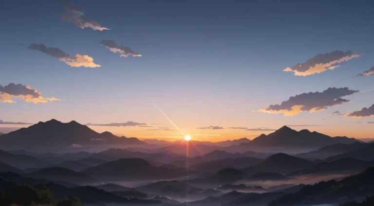 Mountains with sunset and a few clouds in the distance, beautiful anime scenes, Anime landscapes, Your name, your name movie style, Anime beautiful peaceful scene, Shinkai sincerely. —h 2160, sunset lights 8k, Studio Ghibli Sunshine, beautiful anime scenery, golden hour cinematic, beautiful cinematography, ( ( Shinkai sincerely ) )