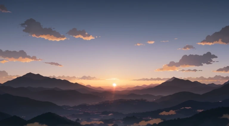 Mountains with sunset and a few clouds in the distance, beautiful anime scenes, Anime landscapes, Your name, your name movie style, Anime beautiful peaceful scene, Shinkai sincerely. —h 2160, sunset lights 8k, Studio Ghibli Sunshine, beautiful anime scenery, golden hour cinematic, beautiful cinematography, ( ( Shinkai sincerely ) )