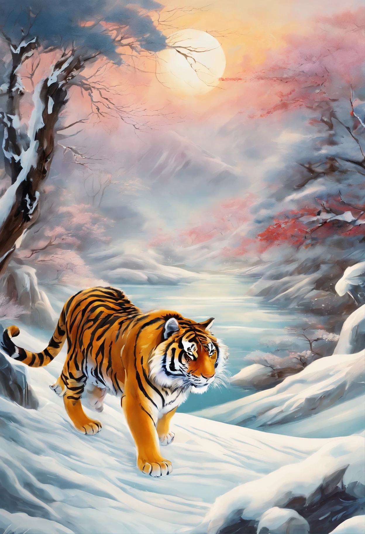 Traditional chinese painting,artistic conception,Oyuki,Tiger walking on snow,8K分辨率,Super meticulous