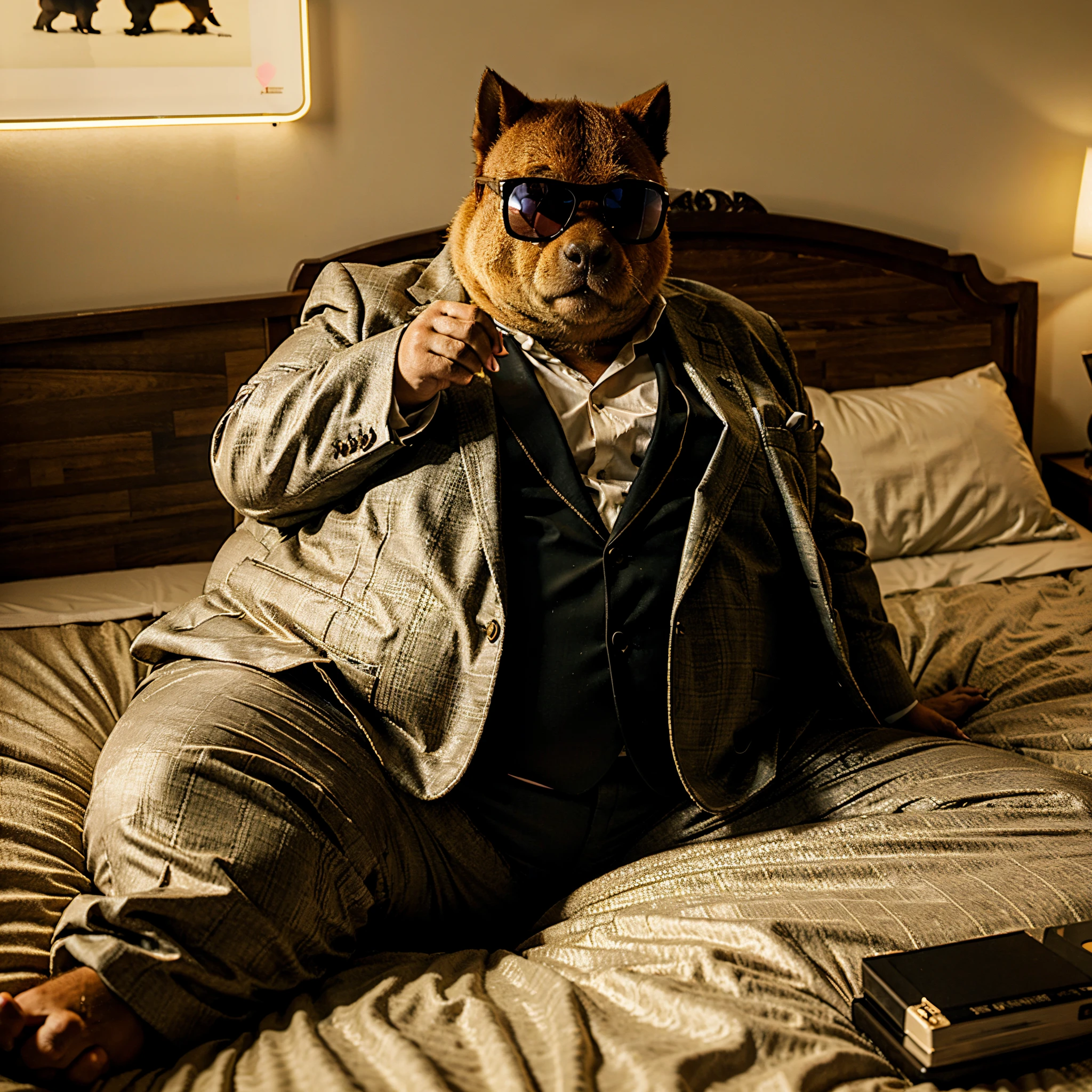 A really fat capybara wearing a suit, wearing sunglasses, eating , severely overweight, on his bed, high quality, high detail, 8k, neon lights