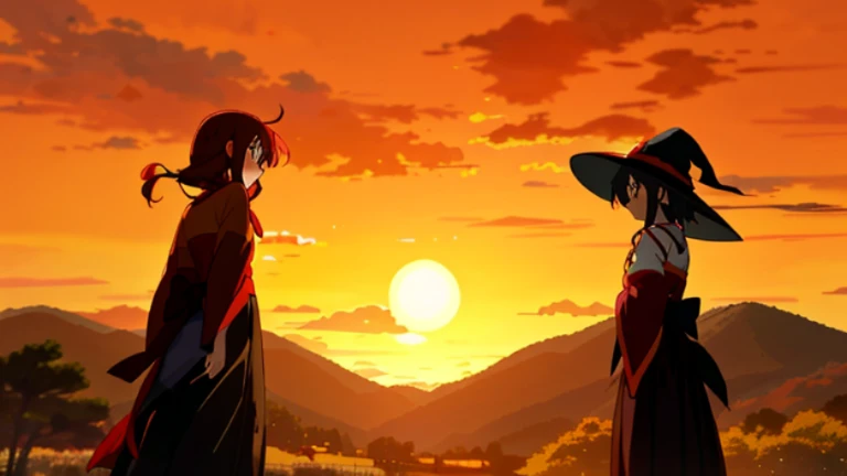 Two anime girls in long skirts stand in front of the mountain, Watching the sun set. Japanese cartoon, Megumi, Screenshot of the animated movie, anime movie screenshot, witch academia, Megumin from konosuba, anime film still, 2 0 1 9 animation screenshots, anime movie scene, anime scene, Screenshots from the 2012 animation