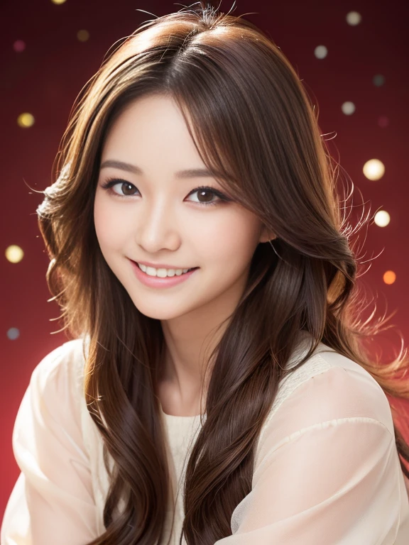 cute and gentle smile,  A smile loved by everyone, Hair blown in the wind, Best Quality,Above the knee , Christmas Backgrounds ,  masutepiece, hight resolution, ), 1 girl, (Natural Eyeliner), light brown hair, Natural-looking makeup, eyeshadows, very thin eyebrows,  Wavy Hair