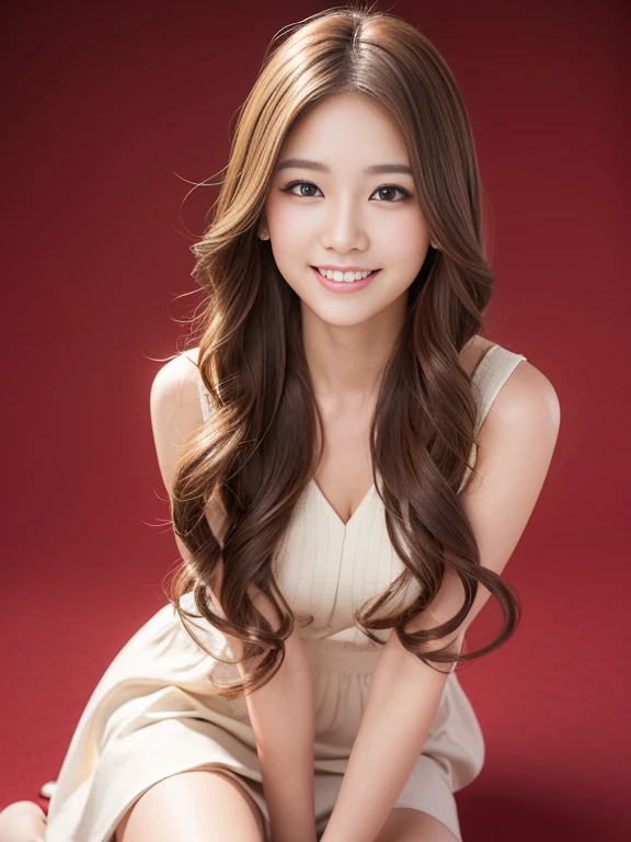 cute and gentle smile, A smile loved by everyone, Hair blown in the wind, Best Quality,Above the knee , Christmas Backgrounds , masutepiece, hight resolution, ), 1 girl, (Natural Eyeliner), light brown hair, Natural-looking makeup, eyeshadows, very thin eyebrows, Wavy Hair